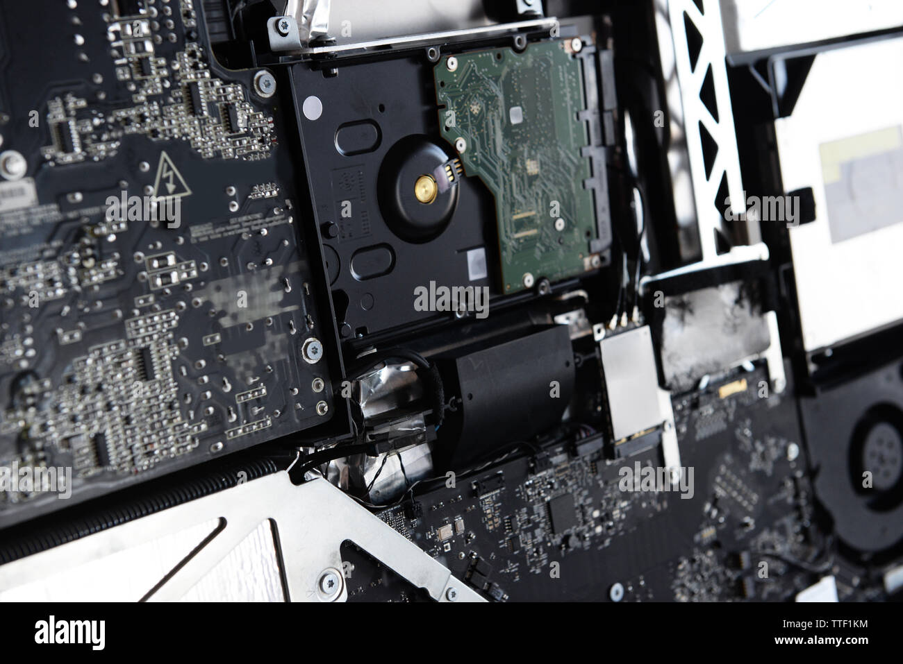 Disassembled computer monitor with internal components, close up Stock