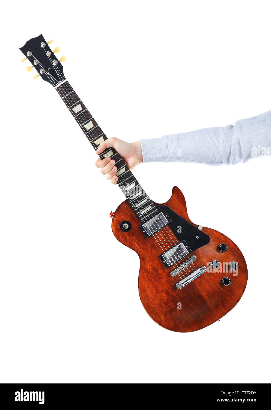 Man holding brown electric guitar, isolated on white Stock Photo Alamy
