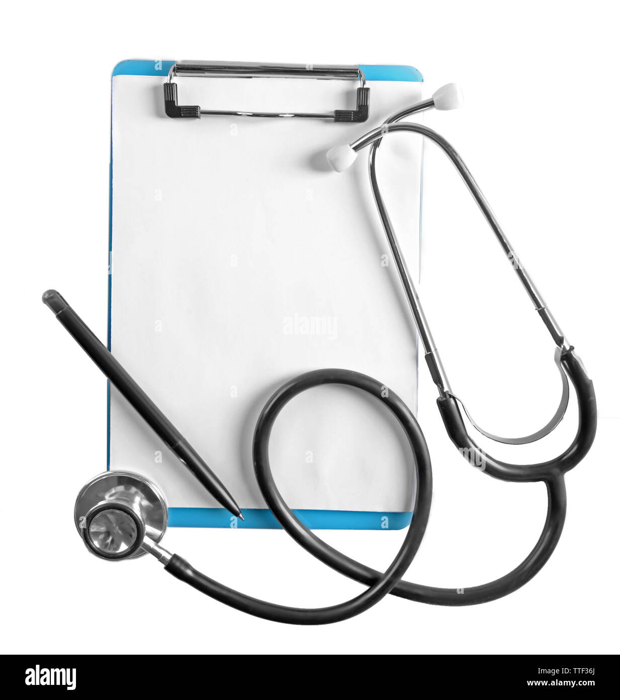 Clipboard with stethoscope, isolated on white Stock Photo - Alamy