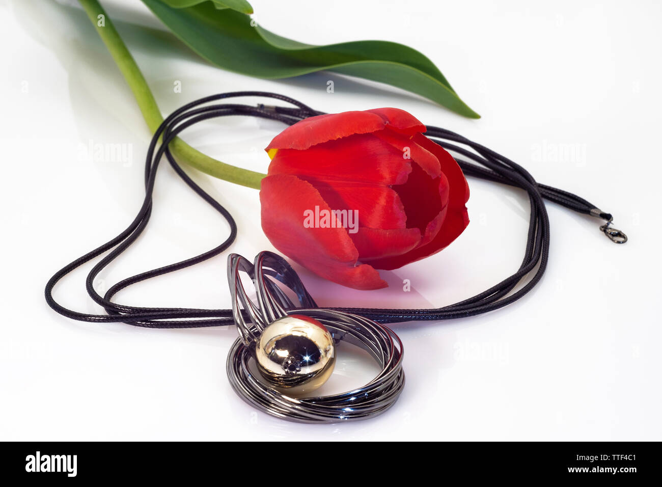 Metal pendant-pendant on a black cord and a red tulip with green leaves on a white background. Stock Photo