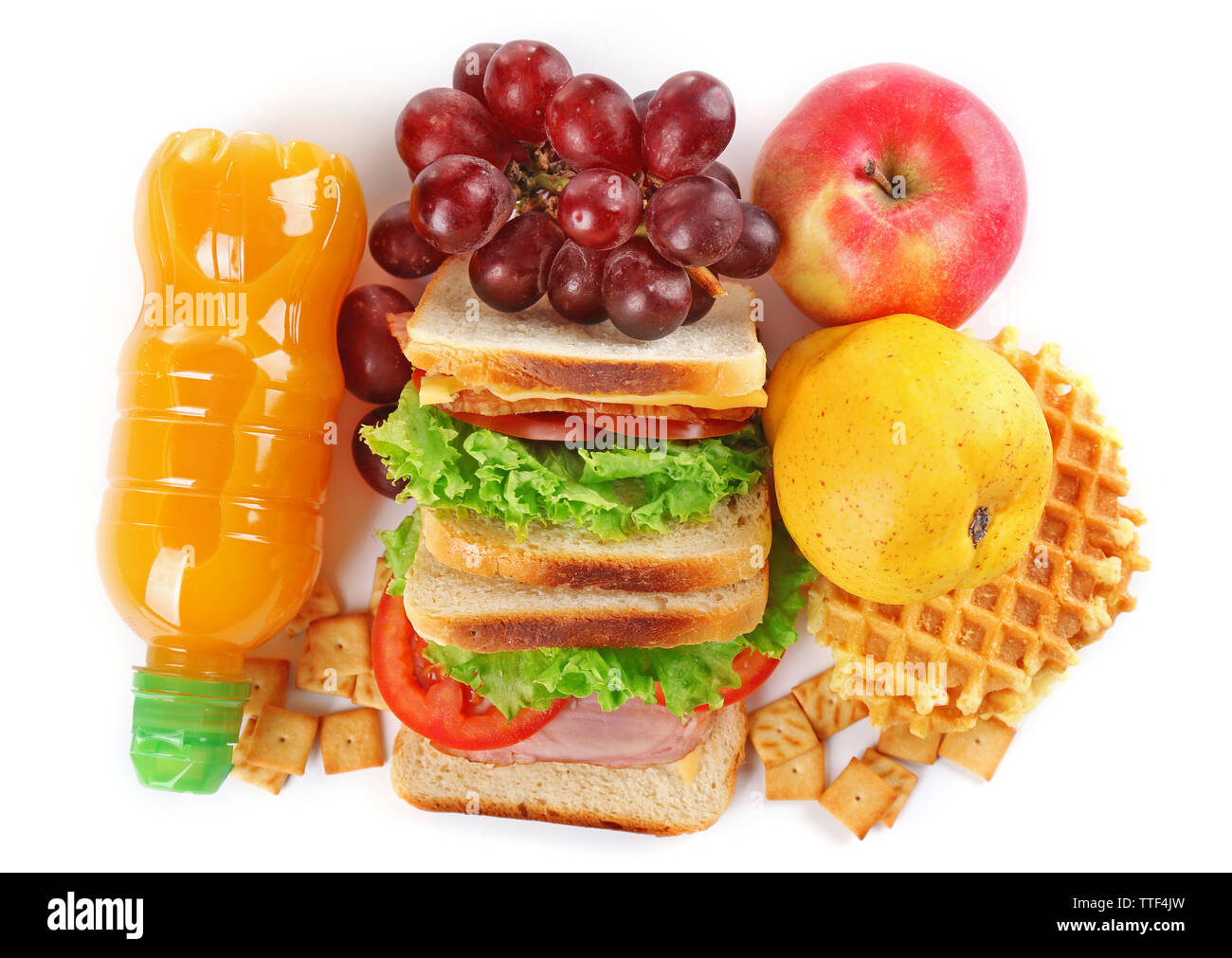 Healthy School Lunch With Sandwich, Fruits And Juice Isolated On White ...