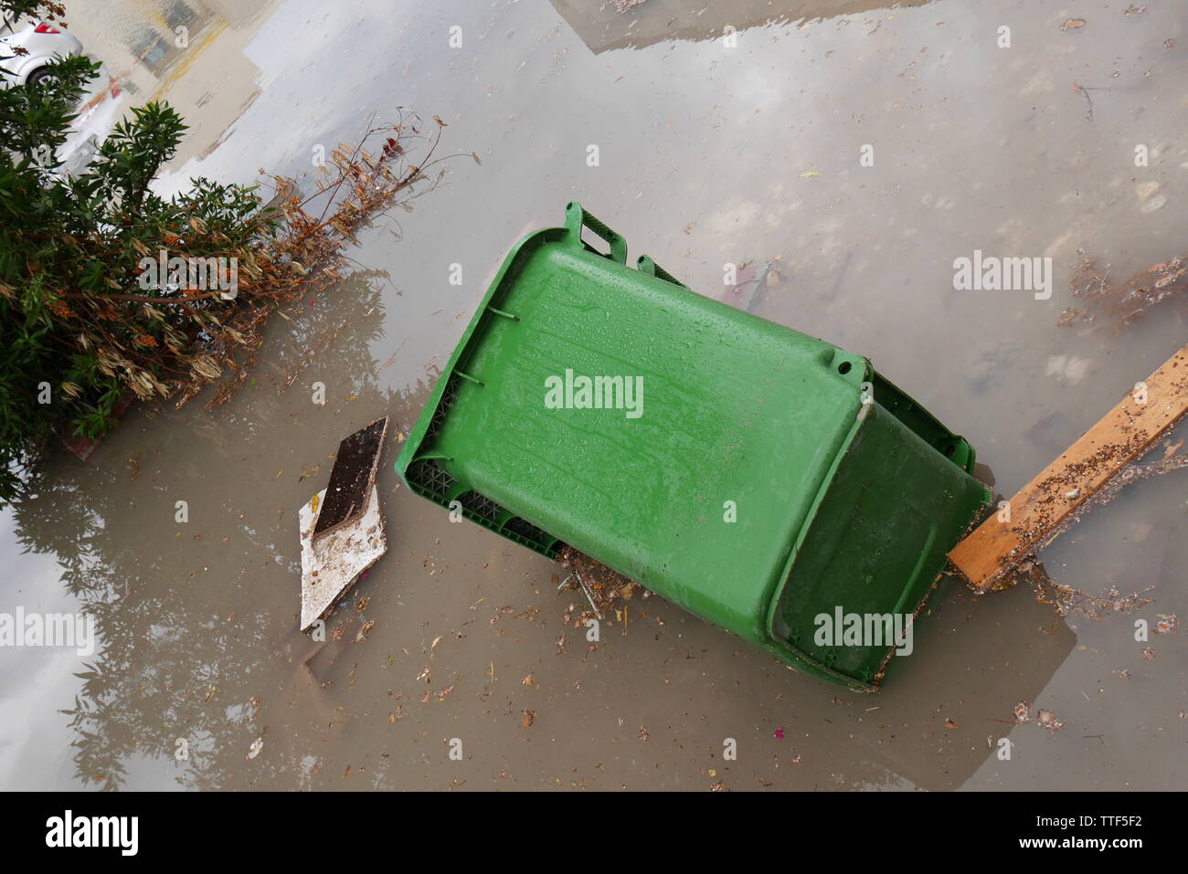 Green plastic rubbish bin in flood water, Saar, Kingdom of Bahrain Stock Photo