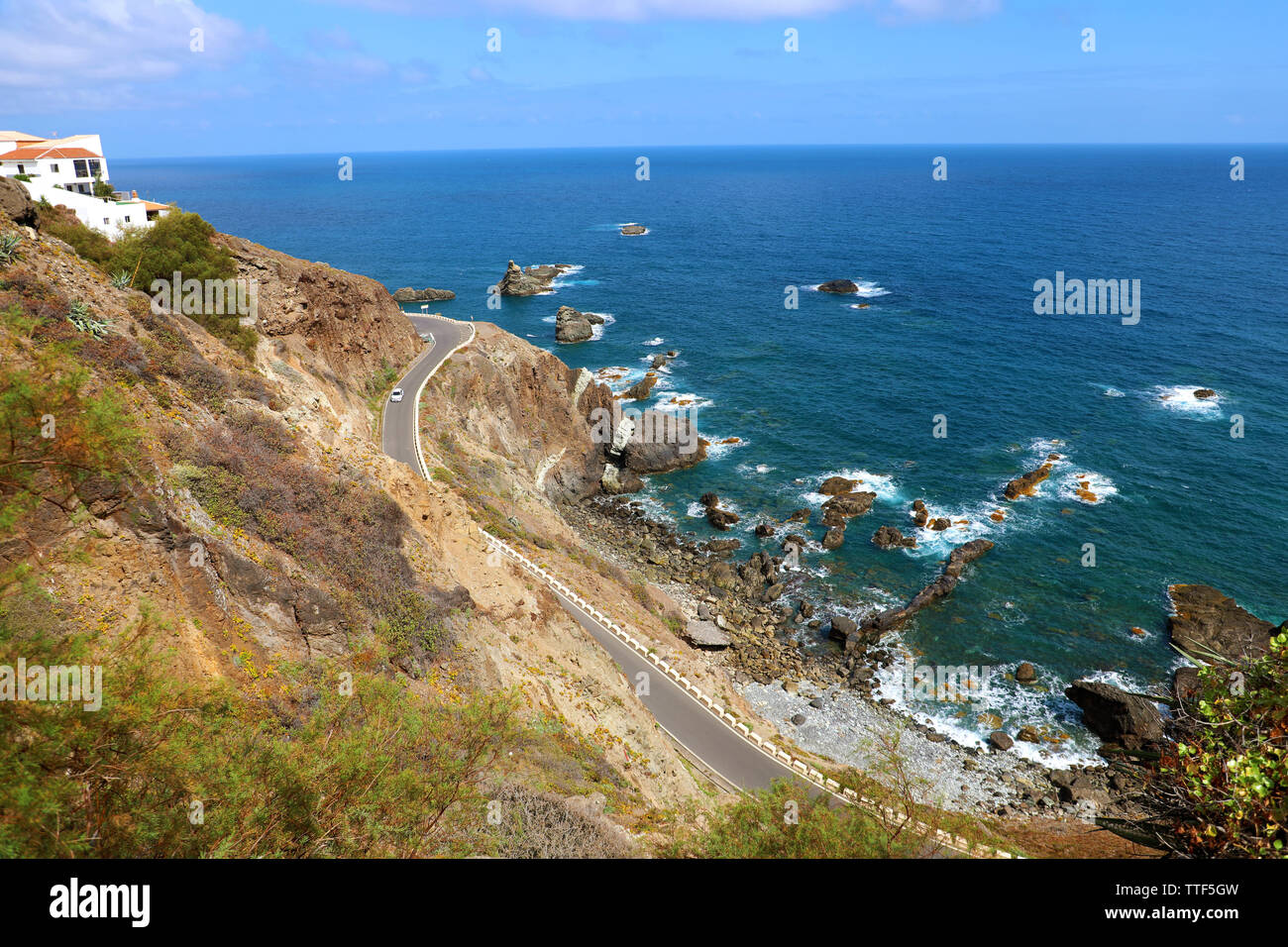 View from Almaciga of road that runs along Atlantic Ocean in Anaga mountain, Tenerife, Spain Stock Photo