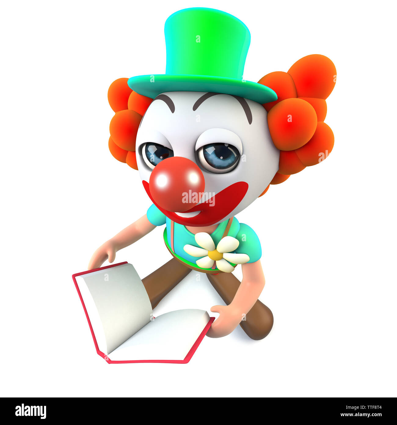 3d render of a funny cartoon clown character reading a book Stock Photo