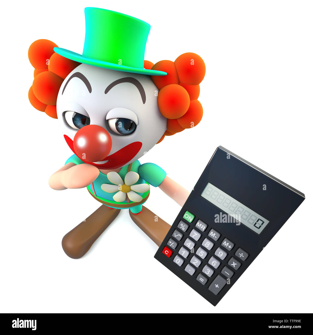 3d render of a funny cartoon clown character holding a digital calculator Stock Photo