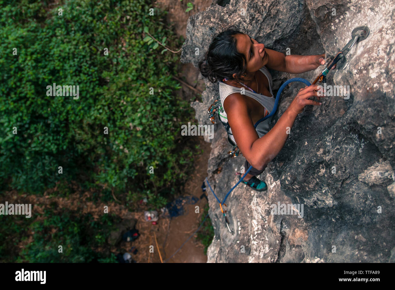 Woman clipping rope while rock climbing on limestone in Vietnam Stock ...