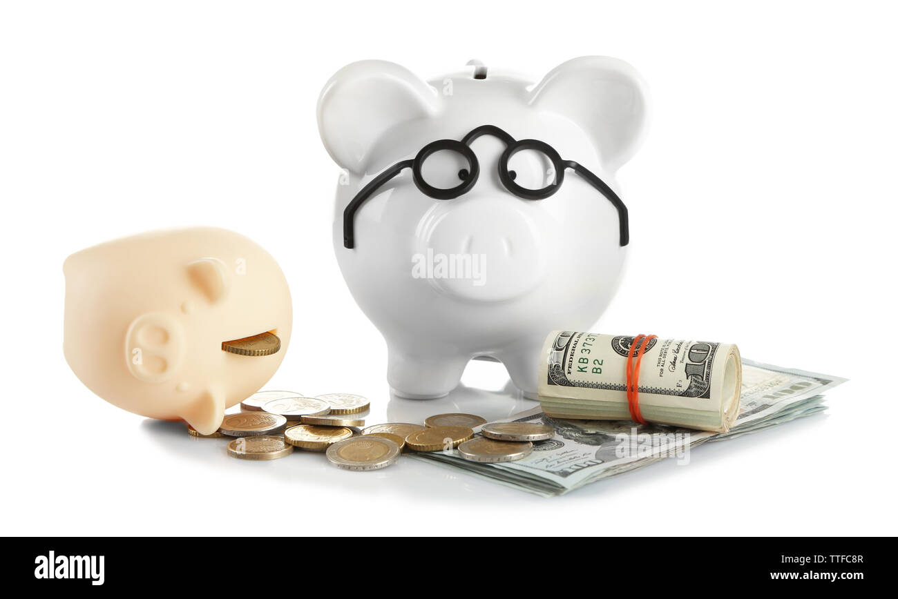 Piggy bank in glasses with dollars and coins isolated on white Stock ...