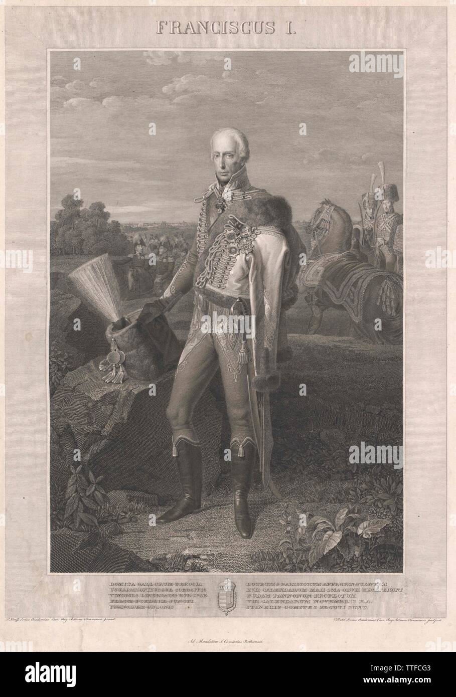 Francis II, Holy Roman Emperor, picture in Hungarian uniform, steel engraving by Karl Rahl based on painting by Johann Peter Krafft, Artist's Copyright has not to be cleared Stock Photo