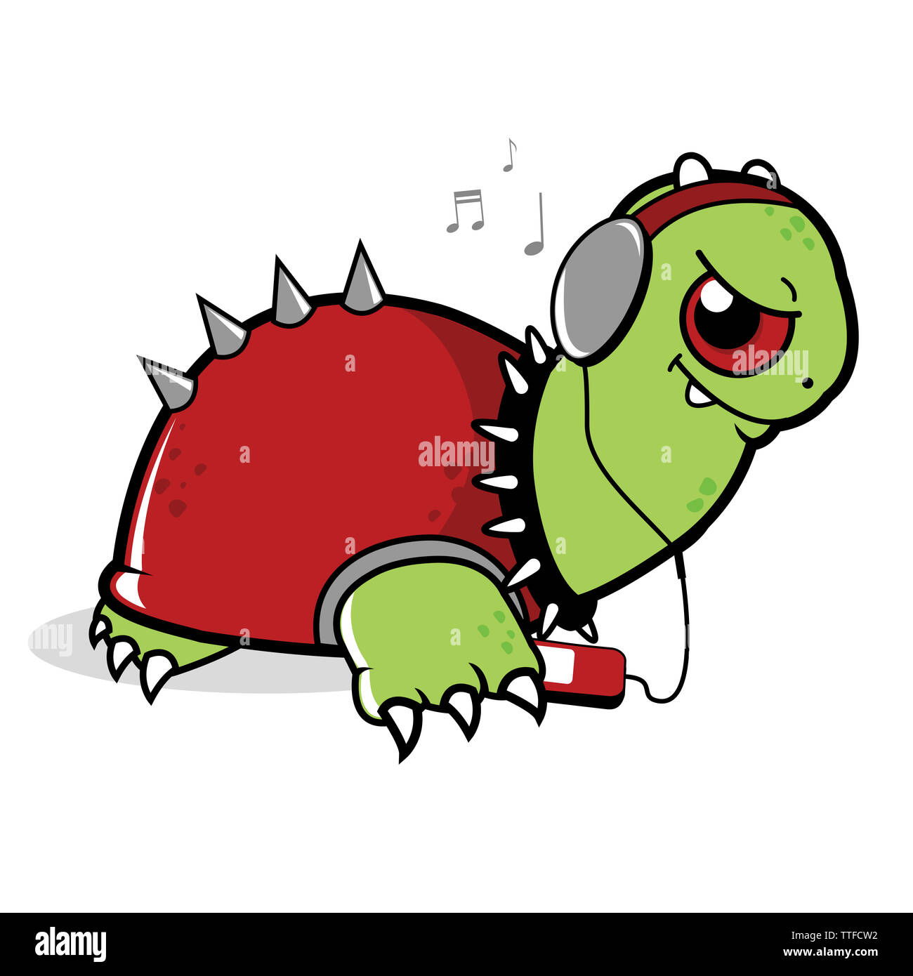 Illustration of a turtle listening to music with headphones. Stock Photo