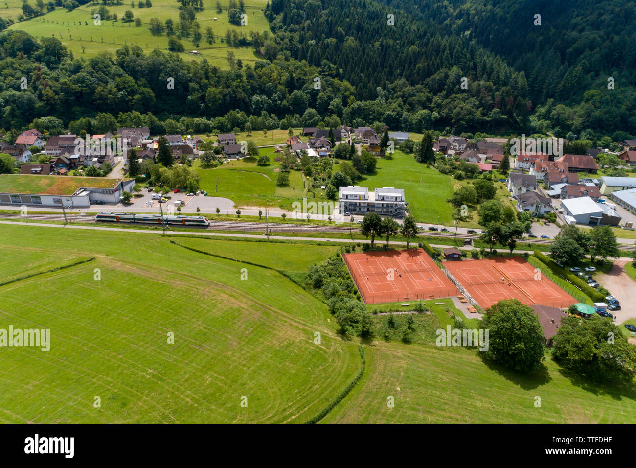 Aerial photo of the small climatic health resort Muenstertal in the southern Black Forest Stock Photo