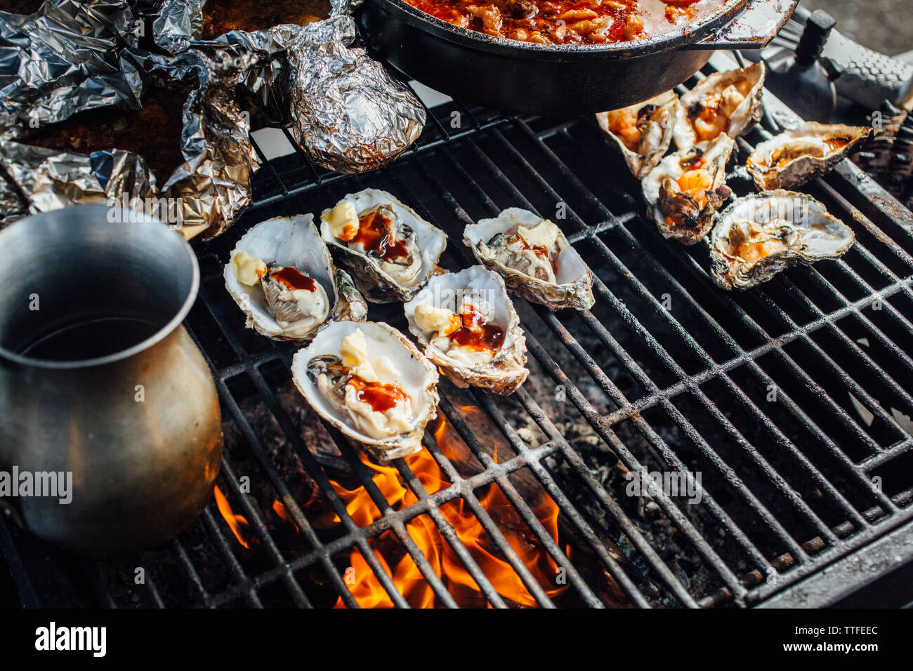 Oysters on the grill in Baja California Stock Photo