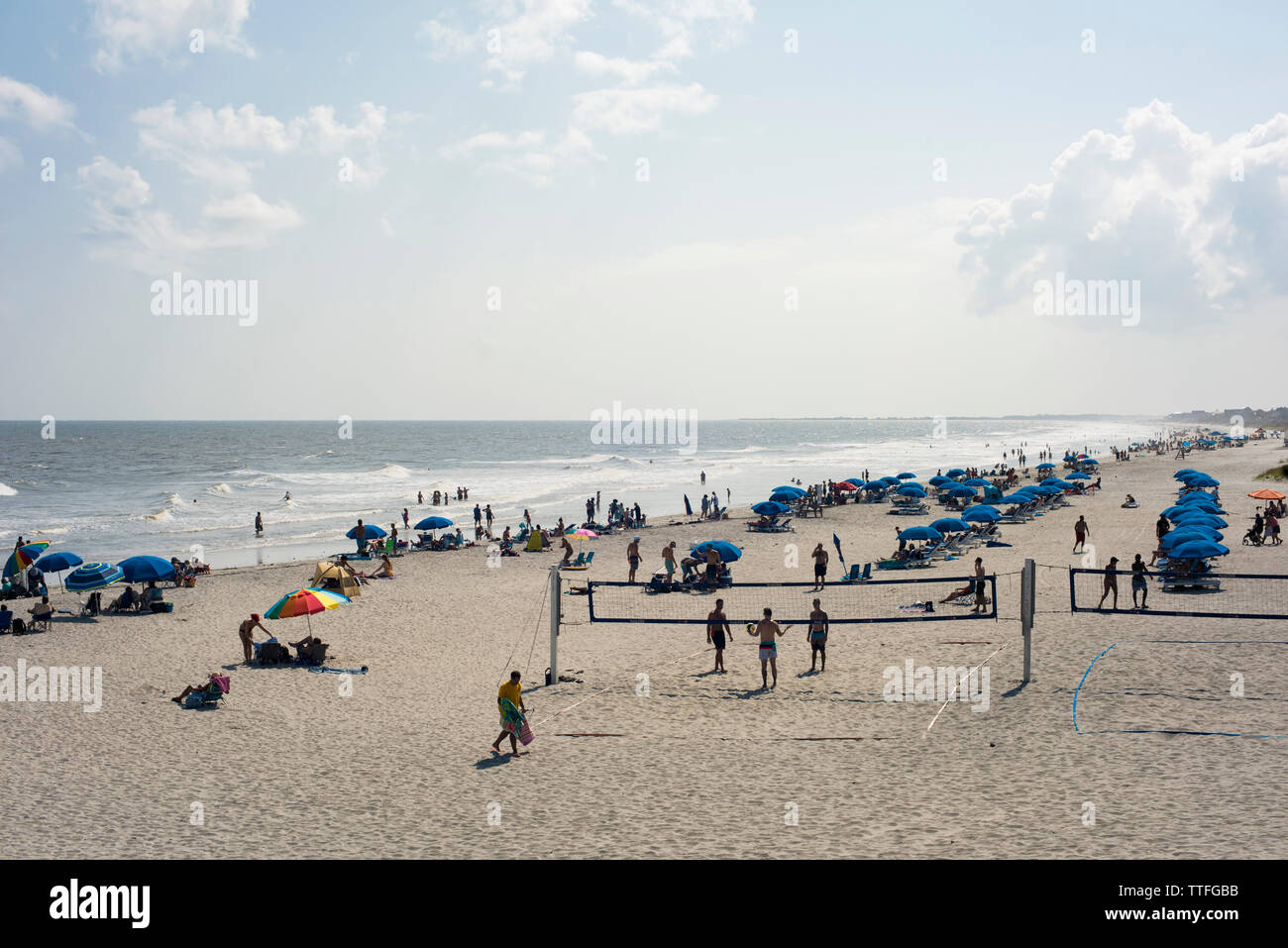 Folly Beach Volley Ball and umbrellas Stock Photo