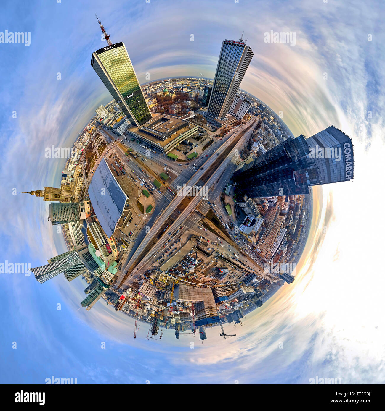 WARSAW, POLAND - FEBRUARY 23, 2019: Beautiful panoramic aerial drone view 'little planet' - 360 degree panorama -to the center of Warsaw City and 'Zlo Stock Photo