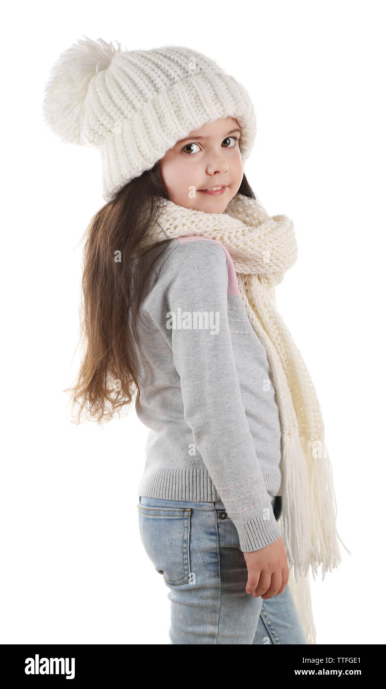 Little girl wearing trendy knitted clothes, isolated on white Stock ...