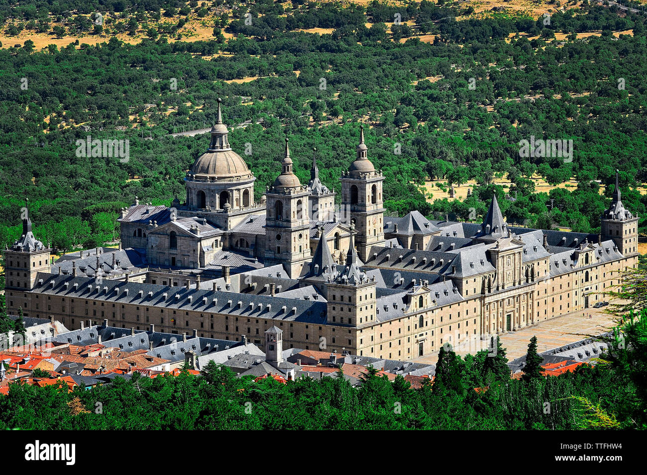 High angle view of Monasterio del Escorial against green landscape Stock Photo