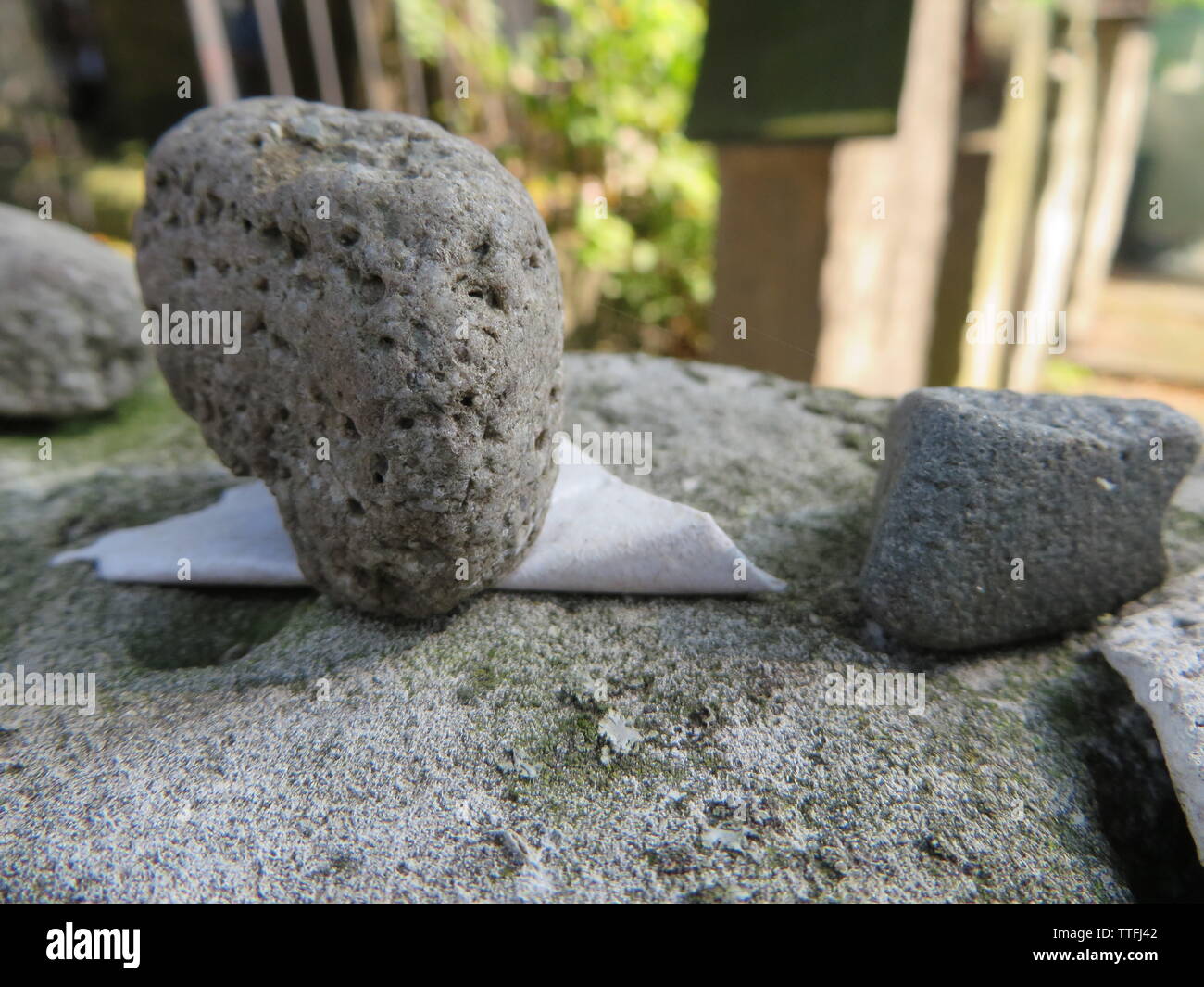 Rock and note on a gravestone at the Jewish cemetery Cracow Stock Photo