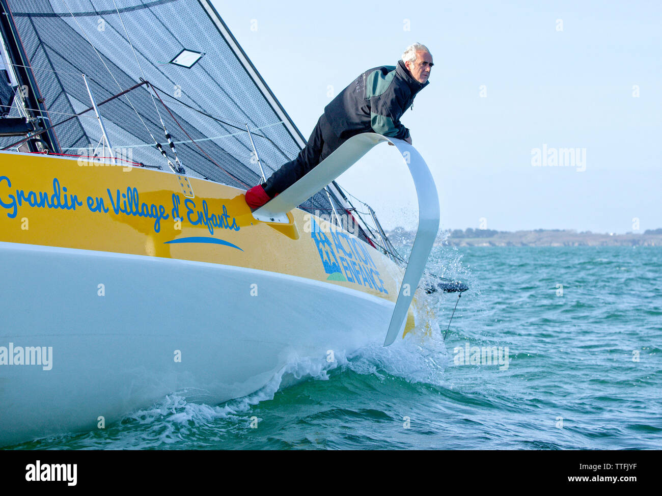 Training Session with LoÌøck Peyron onboard a Figaro Beneteau 3. Stock Photo