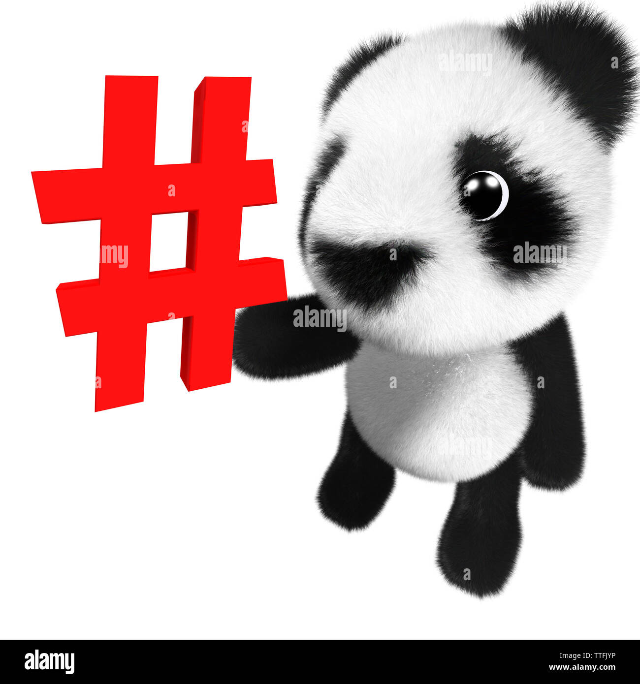 3d render of a cute and adorable baby panda bear character holding a hashtag symbol Stock Photo