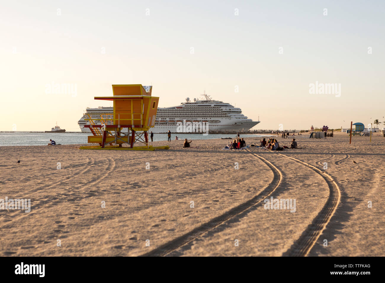 Cruise ship sailing by South Beach, Miami Beach Stock Photo