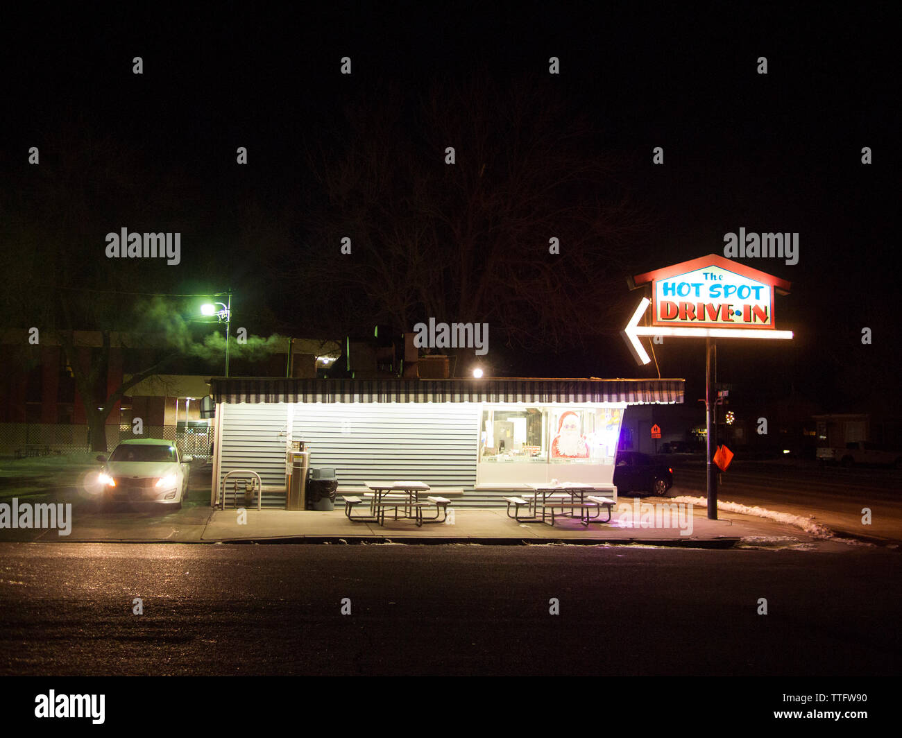 The Hot Spot Drive In at night. Stock Photo