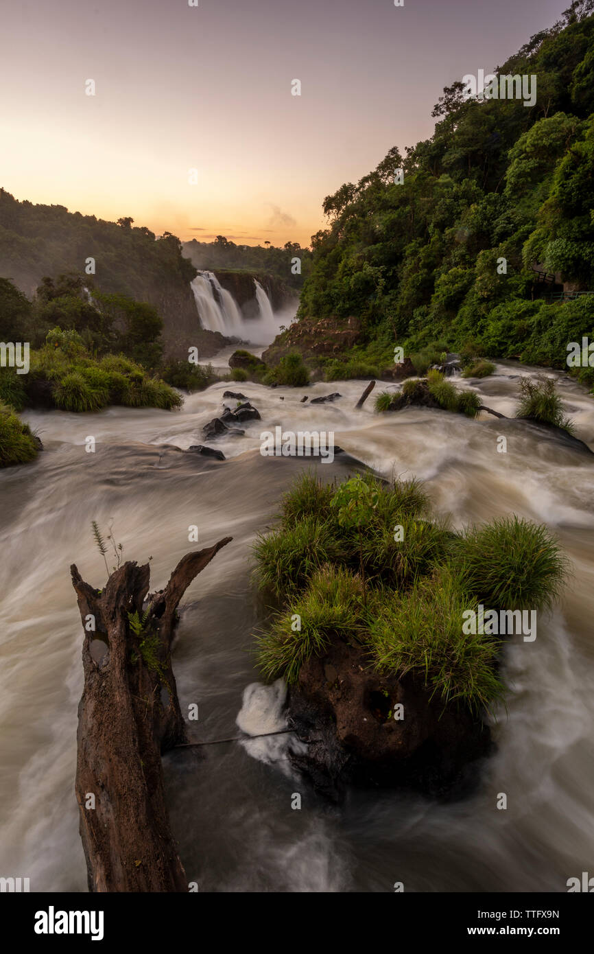 Beautiful landscape of big waterfall set on green atlantic rainforest Stock Photo