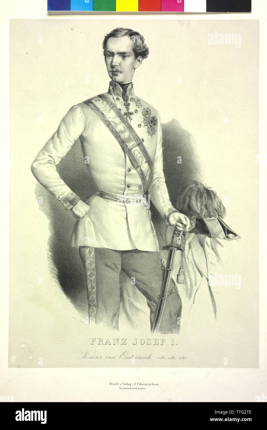 Franz Joseph I, Emperor of Austria, lithograph by Alexander Kaiser, Additional-Rights-Clearance-Info-Not-Available Stock Photo