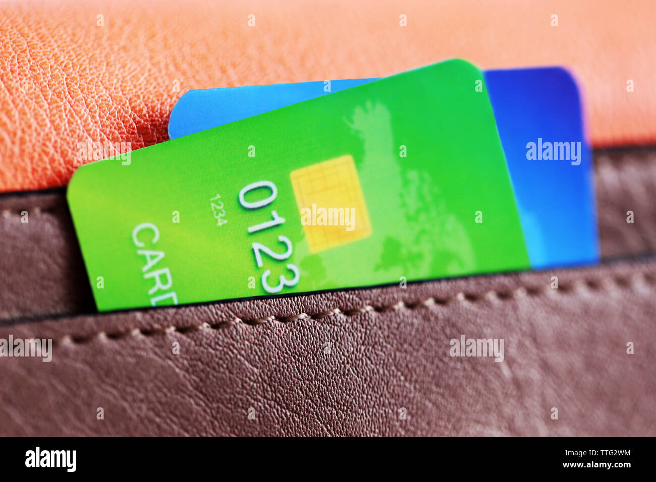 Credit cards in brown bag pocket, close up Stock Photo
