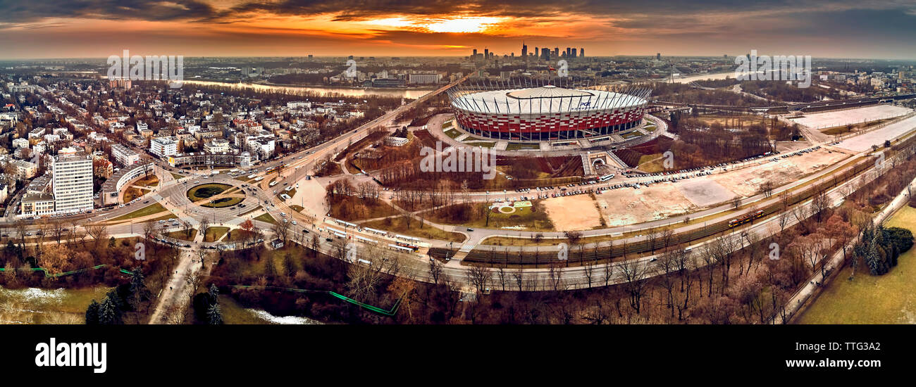 Beautiful panoramic aerial drone view to panorama of Warsaw modern City with skyscraper and The PGE Narodowy National Stadium (Polish: Stadion Narodow Stock Photo