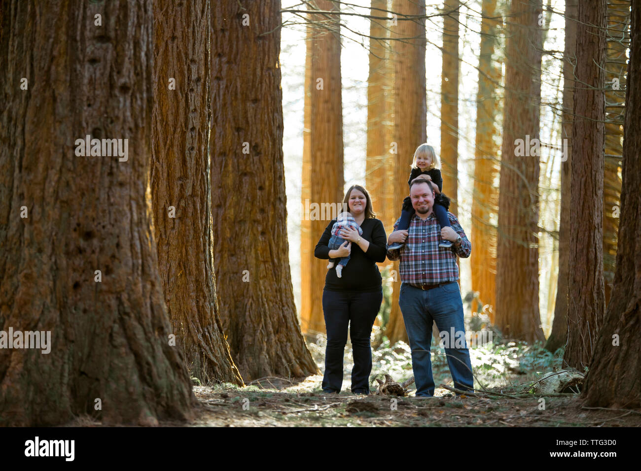 Family of four smiling in a forest setting Stock Photo
