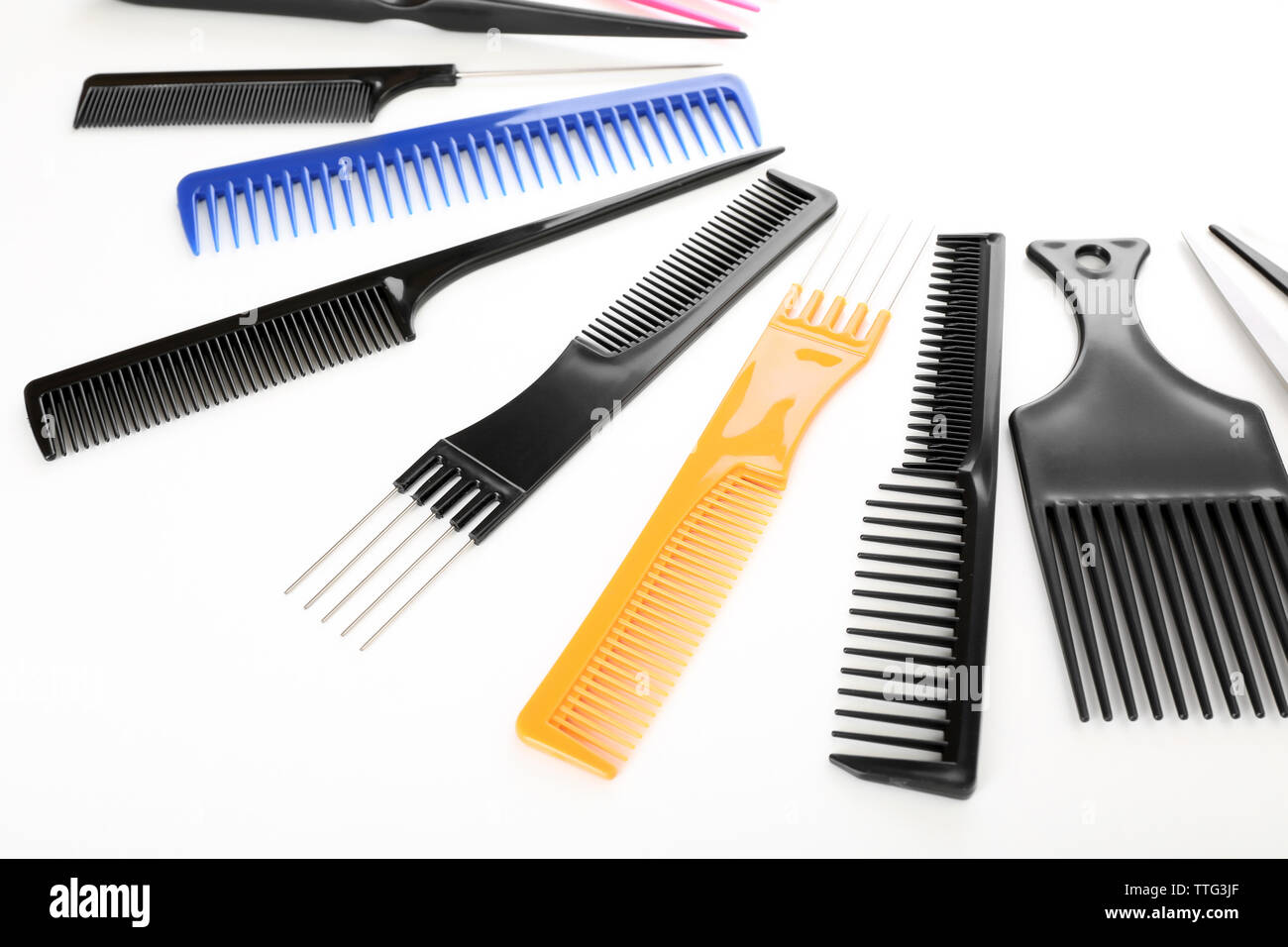 Barber set with types of combs, isolated on white Stock Photo - Alamy