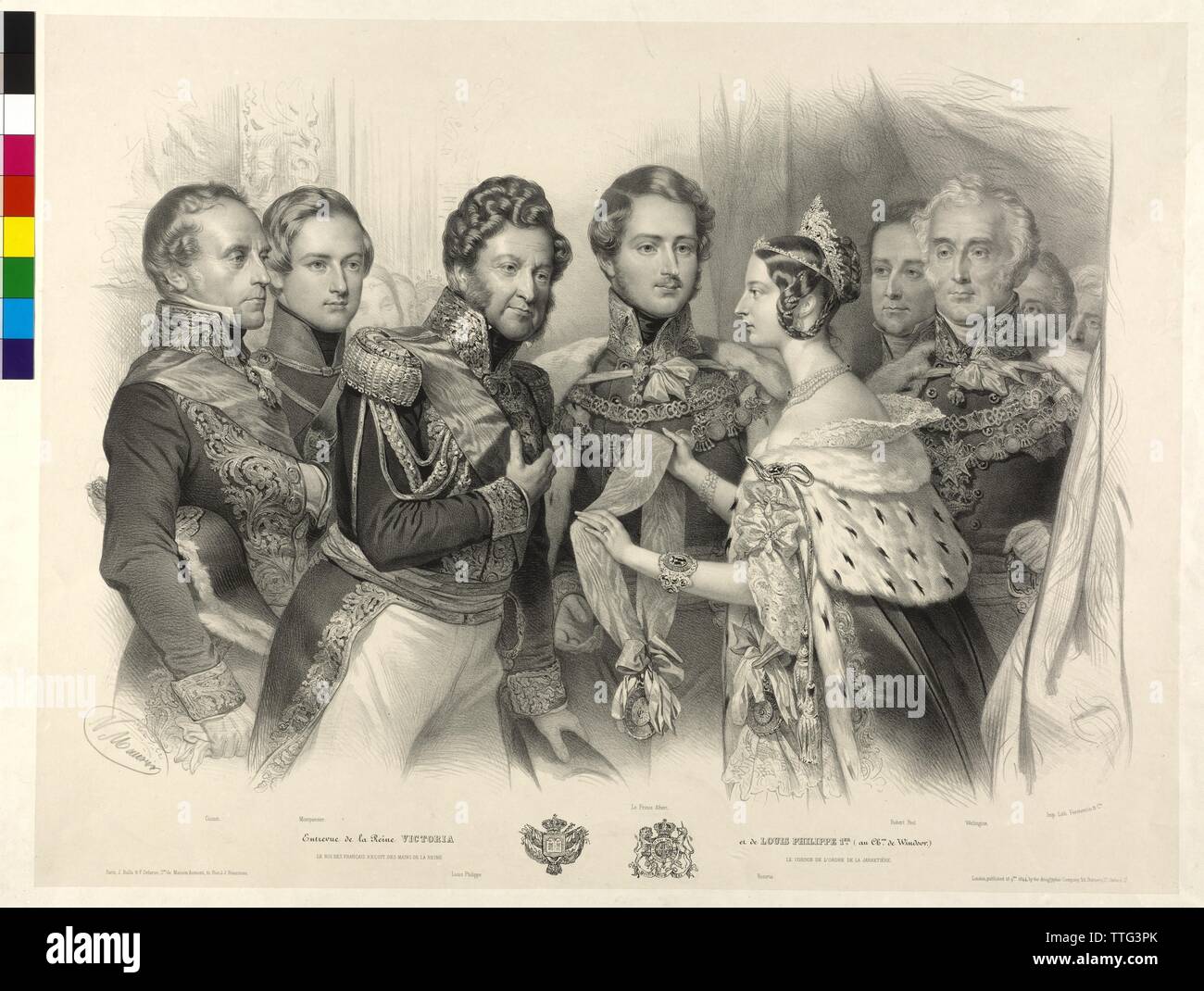 Queen Victoria of Great Britain present King Louis Philipp of France the Order of the Garter, group picture in the Windsor Palace, lithograph by Nicolas Eustache Maurin. coat of arms, Additional-Rights-Clearance-Info-Not-Available Stock Photo