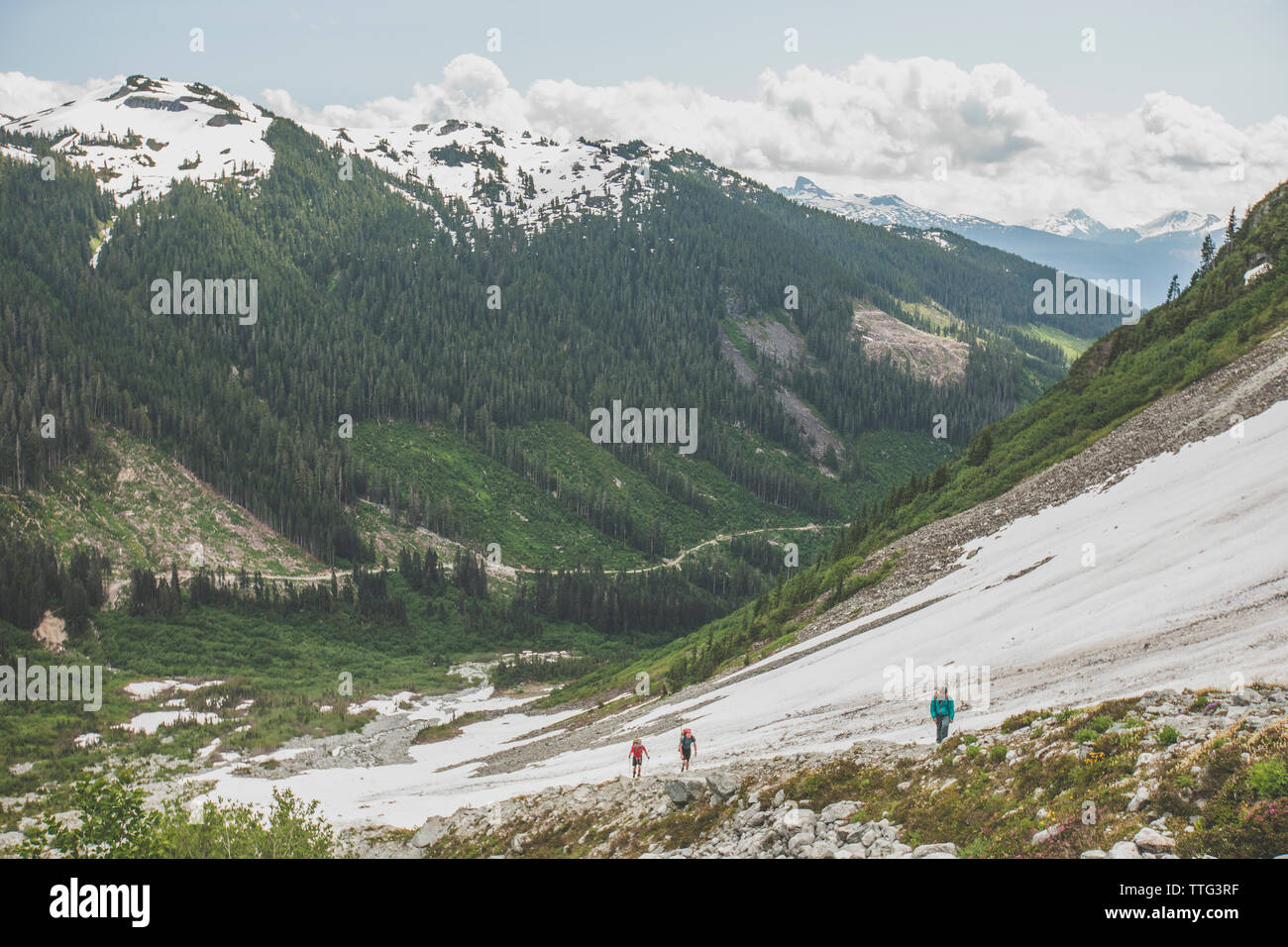 Three mountaineers hike up a vast valley near Squamish, B.C. Stock Photo