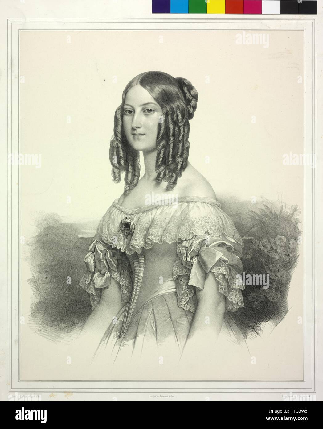 Victoria, princess of Saxe-Coburg-Gotha, picture (half figure, standing, three-quarters profile from the left), lithograph by Henri Grevedon based on a painting by Franz Xavier Winterhalter, 1845. print worker or publisher Lemercier, Paris, Additional-Rights-Clearance-Info-Not-Available Stock Photo
