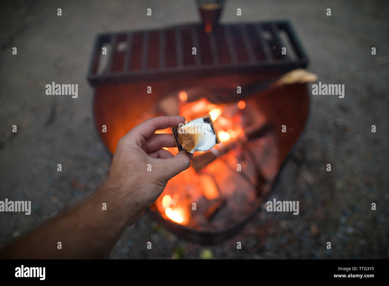 Hand holding up smores in front of a campfire Stock Photo