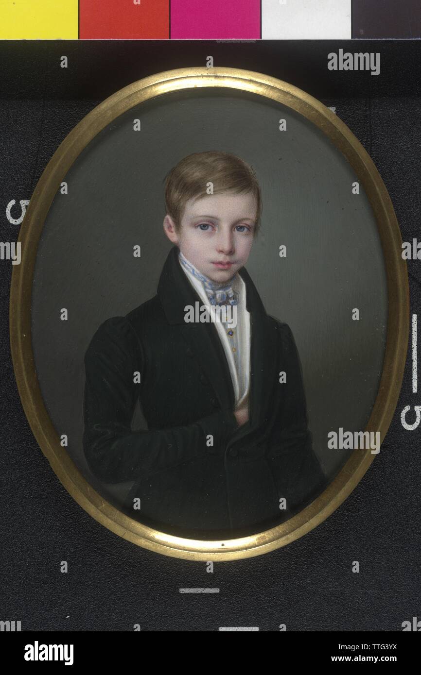 Emperor Franz Joseph I as twelve-year-old boy, picture of the later emperor as Archduke at his 12th birthday. half-length portrait in the black jacket over light waistcoat, blue-and-whites necklet, gold buttons miniature (watercolour, Gummiarabicum on ivory) von Robert the, in glazed Bronzerahmen on the reverse superscribe: 'Erzherzog Franz Josef. 1842 18. August. Robert Theer', Additional-Rights-Clearance-Info-Not-Available Stock Photo