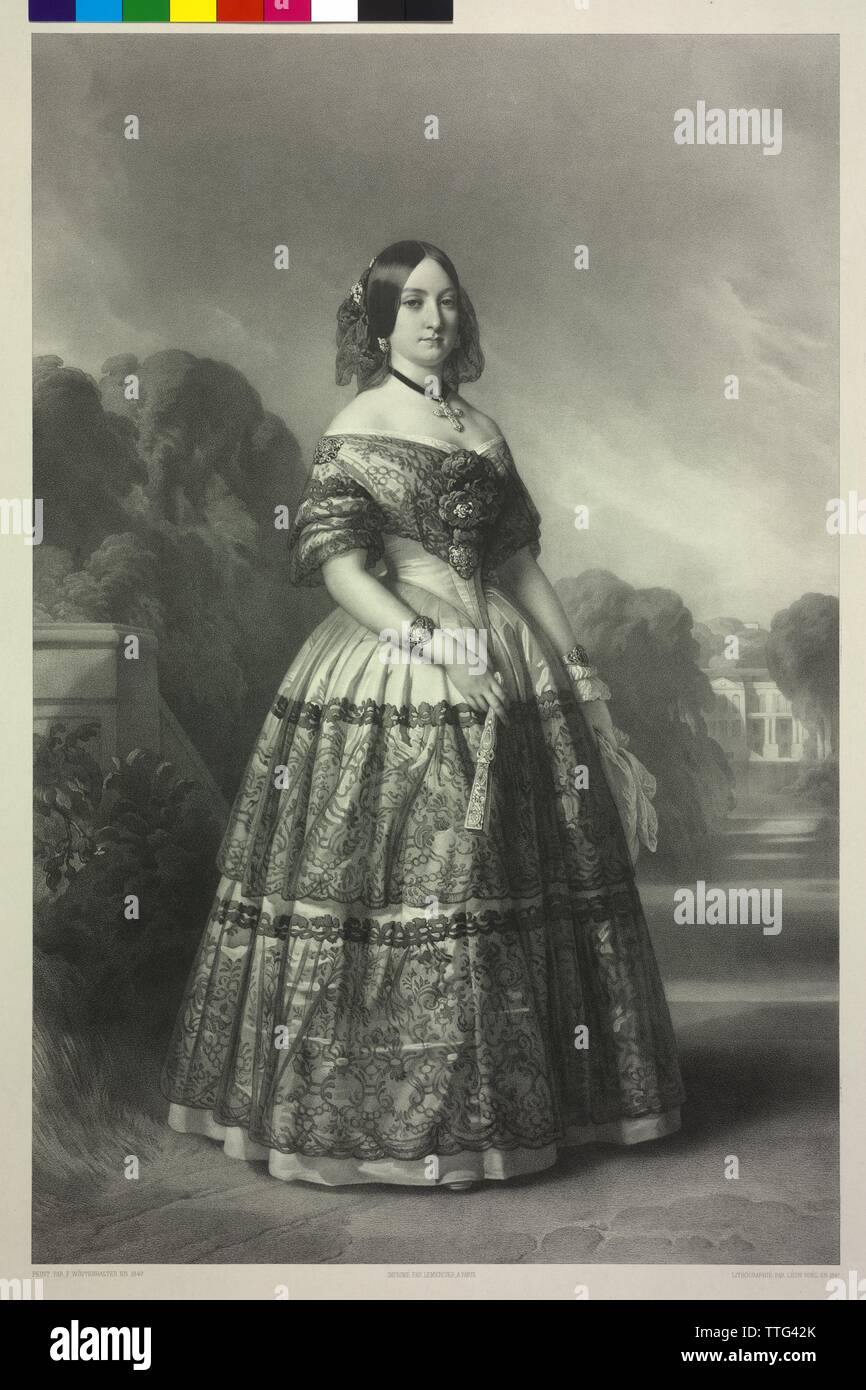 Caroline, princess of Sicily, picture (whole figure, half on the right), lithograph by Alphonse Leon Noel based on a painting by Franz Xavier Winterhalter, 1847. printed at Lemercier, Paris, Additional-Rights-Clearance-Info-Not-Available Stock Photo