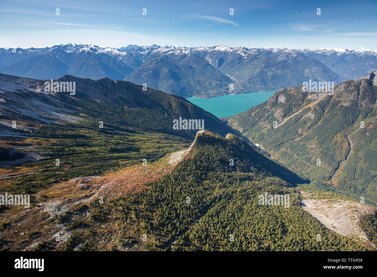 unique mountain land-forms above Harrison Lake, British Columbia. Stock Photo