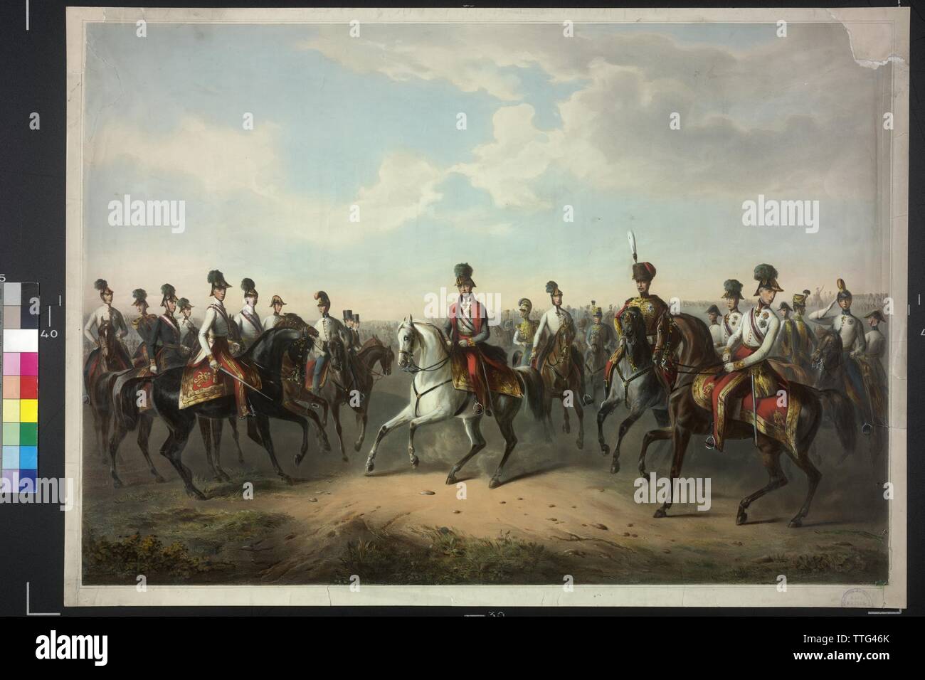 Emperor Ferdinand I on horse, surround by the archdukess of the imperial family, equestrian image Emperor Ferdinand I on the maneuver field lithograph by E. Schulz (some?), coloured, based on painting (1848) by Karl August Aerttinger, Artist's Copyright has not to be cleared Stock Photo