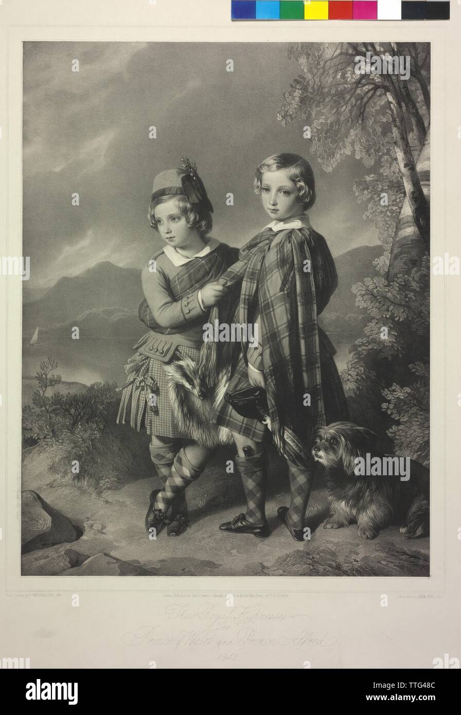 Eduard VII, King of England, Eduard, Prince of Wales, (later Eduard VII, King of England), together with his brother prince Alfred (succeeding Duke of Saxe-Coburg-Gotha), and a dog. portrait of a boy in Scottish traditional costume, lithograph by Alphonse Leon Noël based on a painting by Franz Xavier Winterhalter, Artist's Copyright has not to be cleared Stock Photo