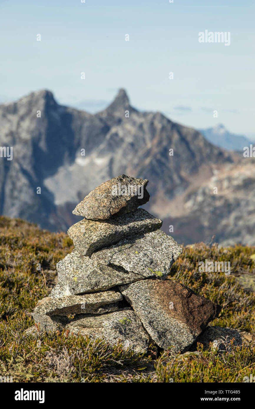 Summit cairn, Douglas Peak, British Columbia, Canada. Stock Photo