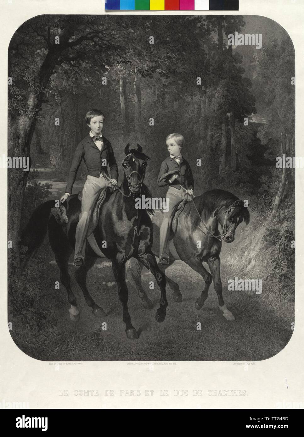 Louis Philippe d'Orleans, Comte de Paris and Robert d'Orleans, Duc de Chartres, equestrian image. lithograph by Alphonse Leon Noël based on a painting by Alfred Dedreux, Additional-Rights-Clearance-Info-Not-Available Stock Photo