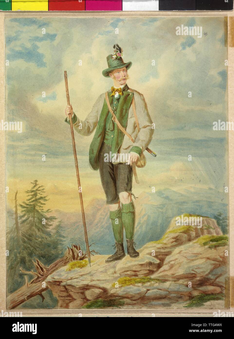 Franz Joseph I, Emperor of Austria, Franz Joseph I in Upper Austrian traditional costume in the environment of Ischl. coloured photo reproduction based on a lithograph by Joseph Kriehuber, Additional-Rights-Clearance-Info-Not-Available Stock Photo