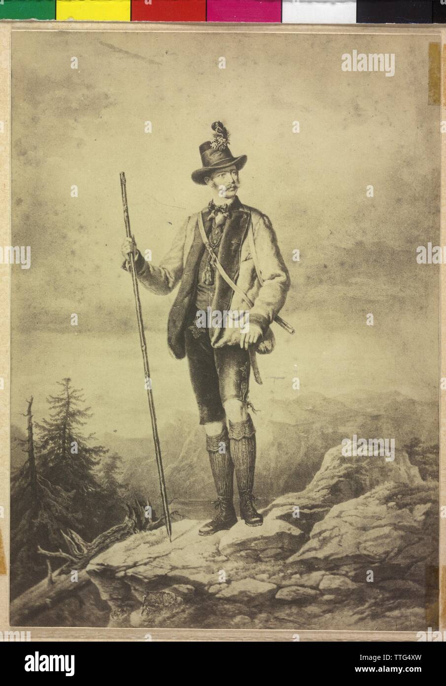 Franz Joseph I, Emperor of Austria, Franz Joseph I in Upper Austrian traditional costume in the environment of Ischl. photo reproduction based on a lithograph by Joseph Kriehuber, Additional-Rights-Clearance-Info-Not-Available Stock Photo