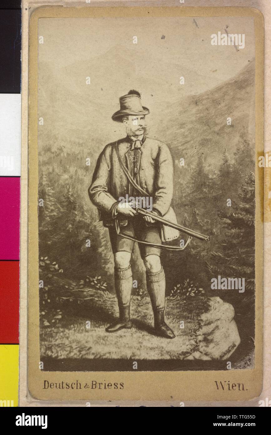 Franz Joseph I, Emperor of Austria, Franz Joseph I in Upper Austrian traditional costume in the environment of Ischl. photo reproduction based on a lithograph by von Anton Dietrich (1861), Additional-Rights-Clearance-Info-Not-Available Stock Photo