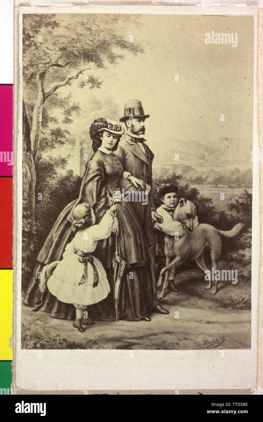 Franz Joseph I, Emperor of Austria with family, family image: Franz Joseph with empress Elisabeth and her children archduchess Gisela and crown prince Rudolf. photo reproduction based on graphic by Emil von Hartitzsch, Additional-Rights-Clearance-Info-Not-Available Stock Photo