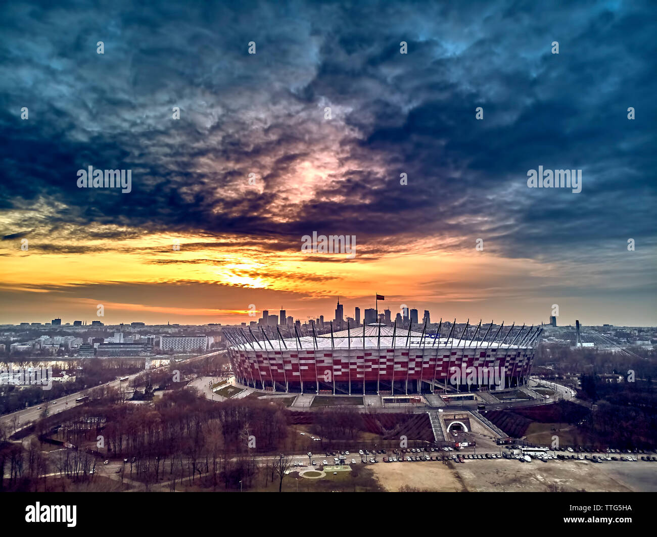 Beautiful panoramic aerial drone view to panorama of Warsaw modern City with skyscraper and The PGE Narodowy National Stadium (Polish: Stadion Narodow Stock Photo