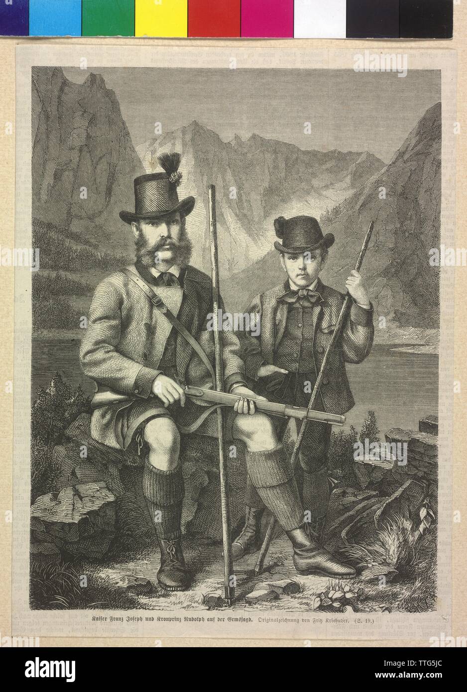 Franz Joseph I, Emperor of Austria, genre painting with Franz Joseph and crown prince Rudolf in hunting clothes in front of a prospectus with Dachstein (peak) and forward Gosausee (lake). studio shot. reproduction of a graphic by Fritz Kriehuber based on a photo-optical template by Victor Angerer, Additional-Rights-Clearance-Info-Not-Available Stock Photo