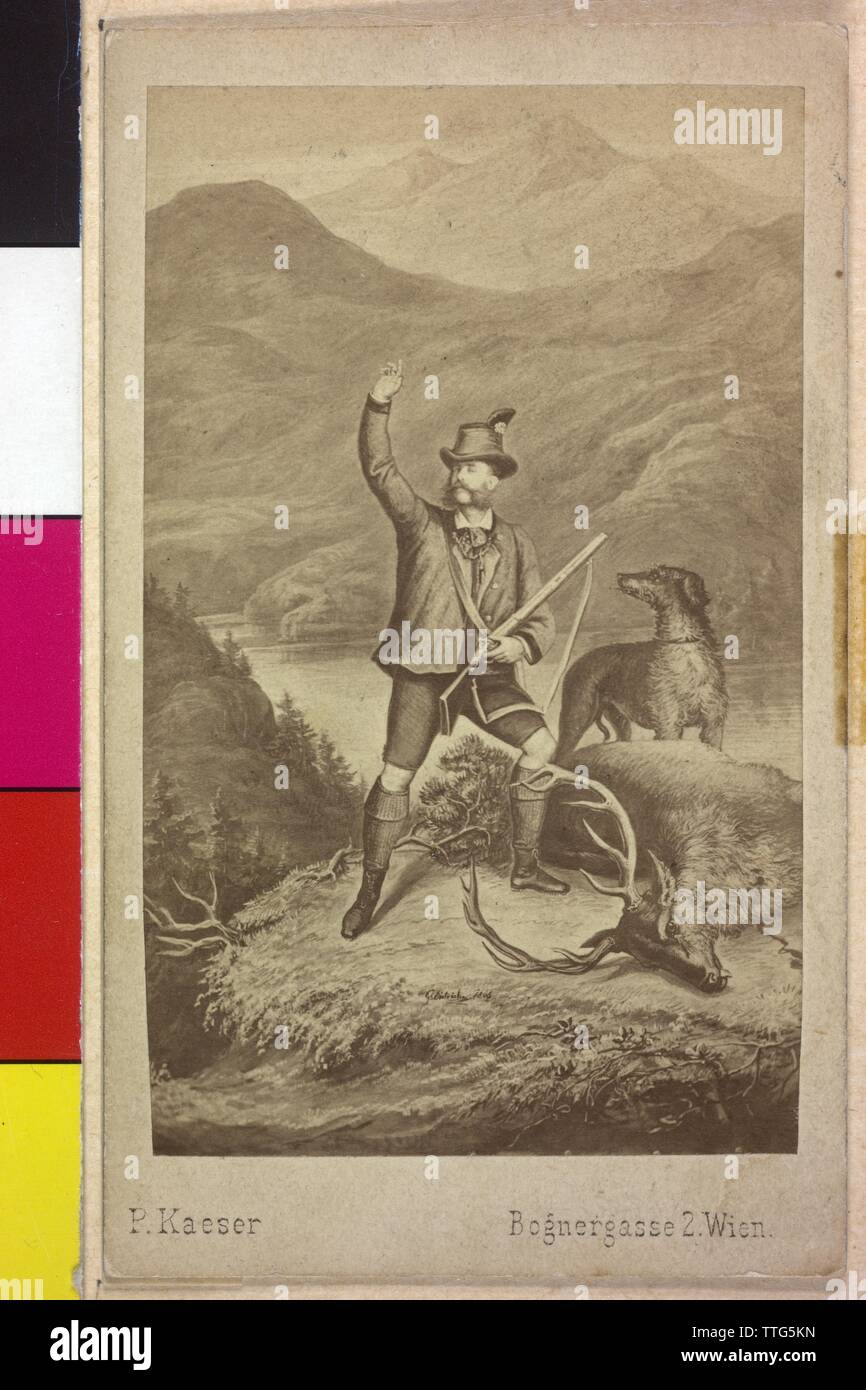 Franz Joseph I, Emperor of Austria, Franz Joseph I in Upper Austrian traditional costume in front of a shooting deer in alpine landscape. photo reproduction based on a template by Gustav Jaegermayer, published through 'P. Kaeser, Wien', Additional-Rights-Clearance-Info-Not-Available Stock Photo