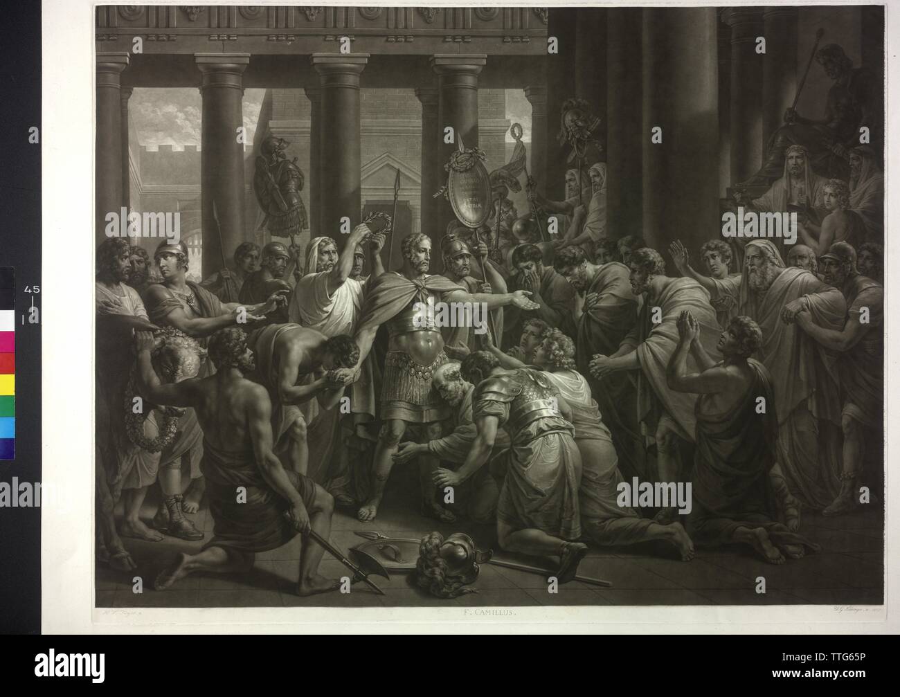 Camillus is to the strongman appeal, from the Roman history (Livy, Roman story, V-VI), mezzotint by Vincenz Georg Kininger from 1827 based on painting by Henry Frederick Fueger. typeface to Pk 511, 37, Additional-Rights-Clearance-Info-Not-Available Stock Photo