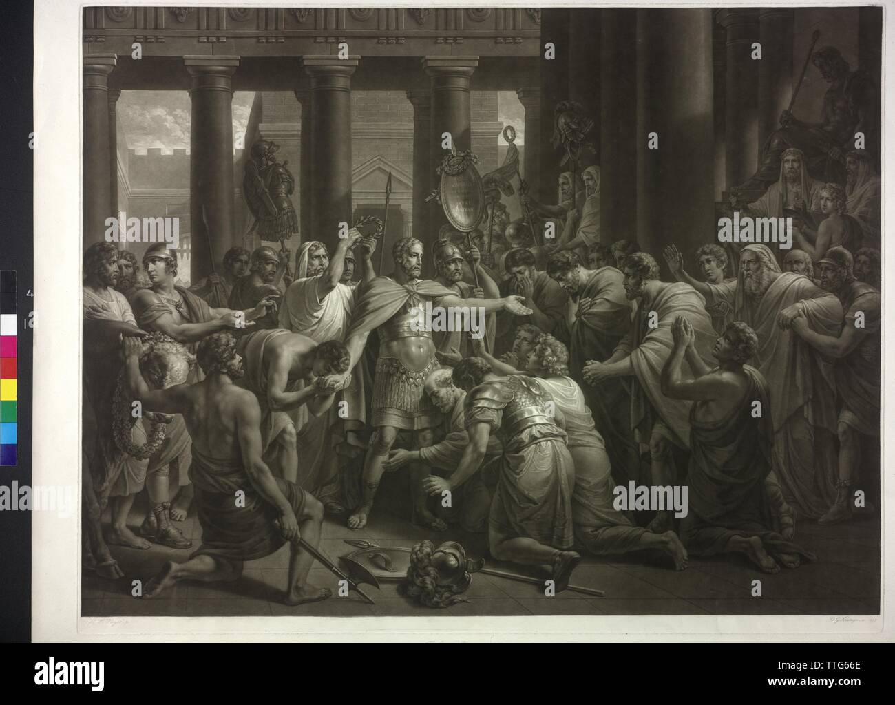 Camillus is to the strongman appeal, from the Roman history (Livy, Roman story, V-VI), mezzotint by Vincenz Georg Kininger from 1827 based on painting by Henry Frederick Fueger. before the script, Additional-Rights-Clearance-Info-Not-Available Stock Photo